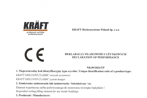 Certificate KRAFT suspension for open cell ceiling